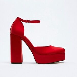 Zara Satin Red Platform Pump Square Toe Heels